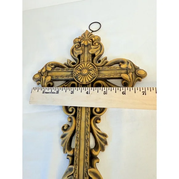 Ornate Gold Decorative Floral Fleur-de- lis Hanging Hook Baroque Wall Cross - Picture 13 of 13
